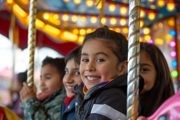 four children are smiling having fun riding carousel merry go round amusement park 1103944 10286